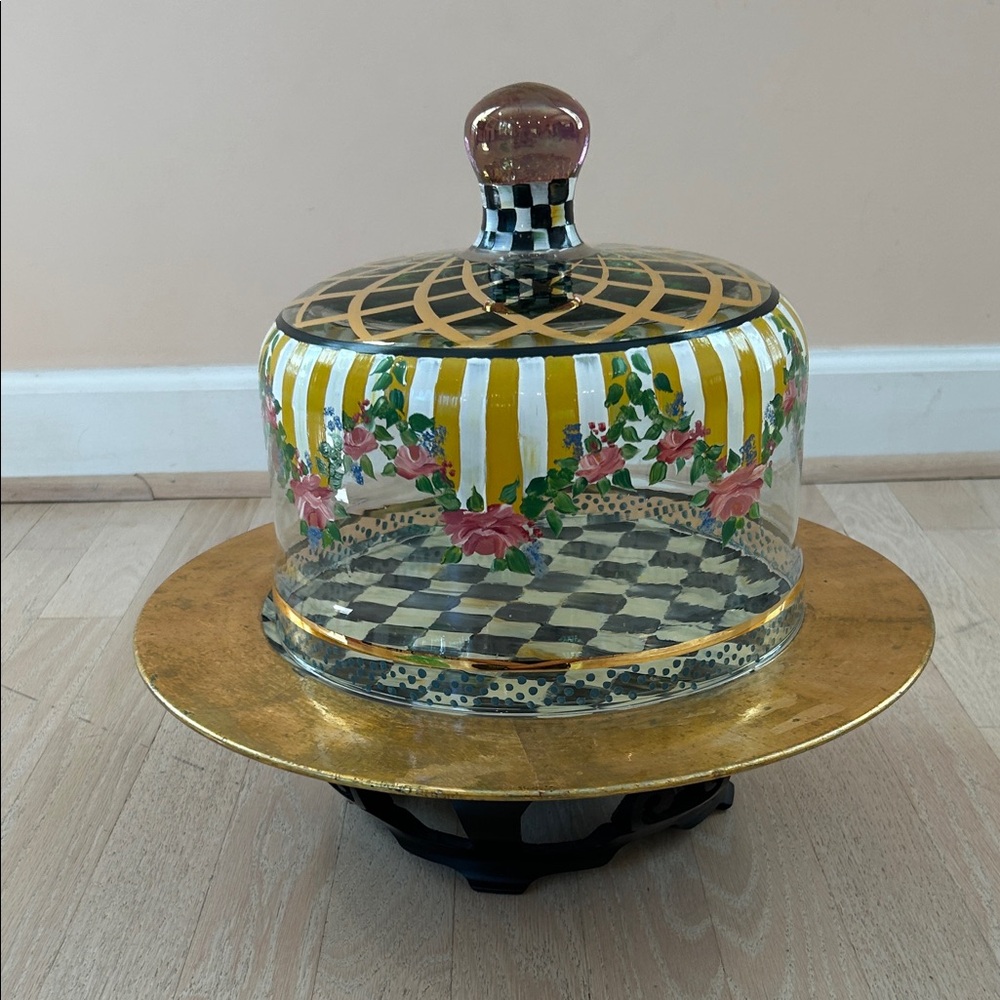 Mackenzie Childs painted cake dome and charger.